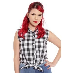 BW Check Sleeveless Tie Front Button Up Blouse 50s 60s Retro Sz Large - Hey Viv